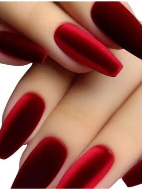 Ruby Red Chrome Press On Nails Coffin Glossy Metallic Nail Set Kit
